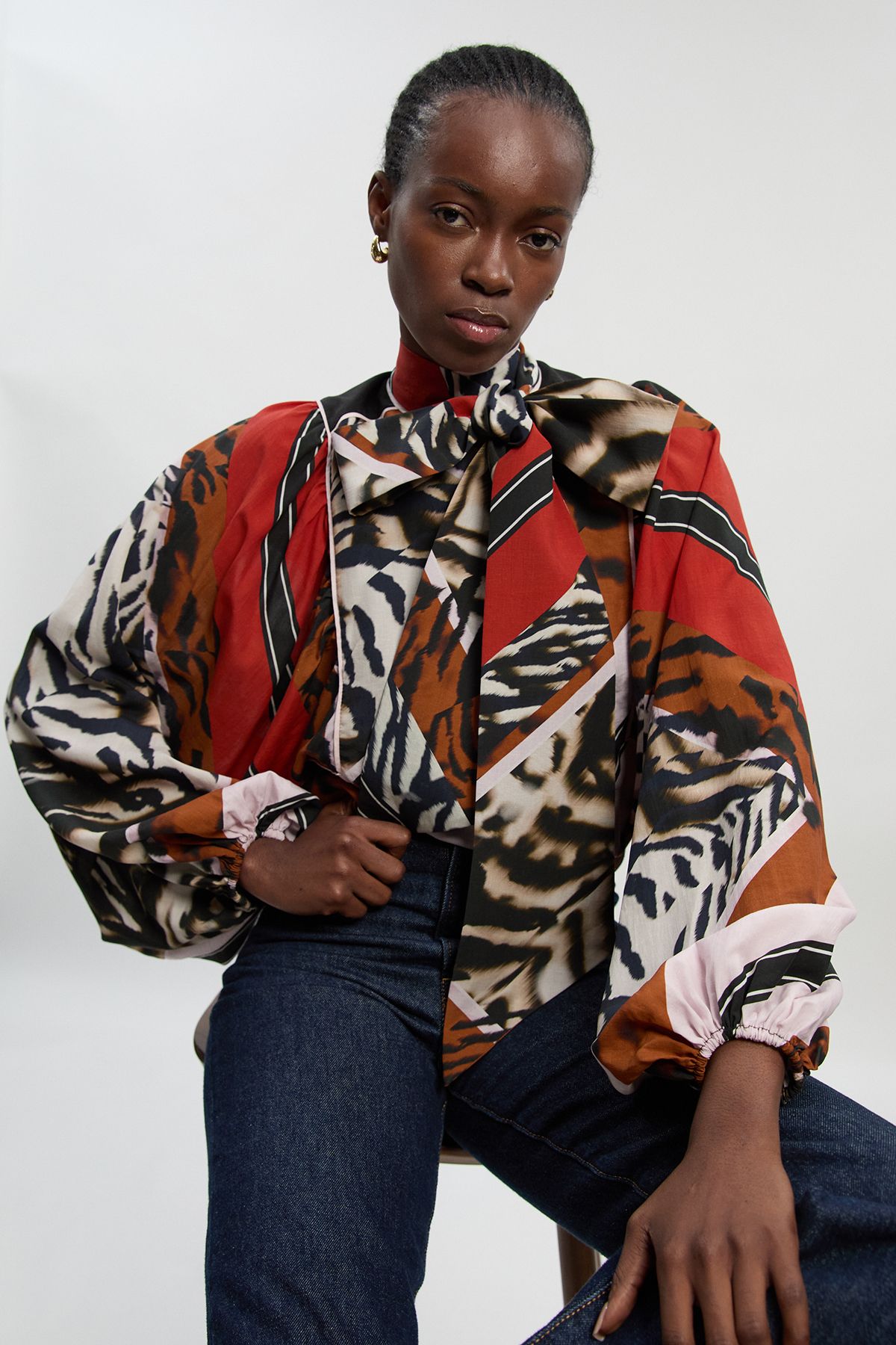 KarenMillen Animal Print Fluid Tencel Woven Tie Neck Blouse