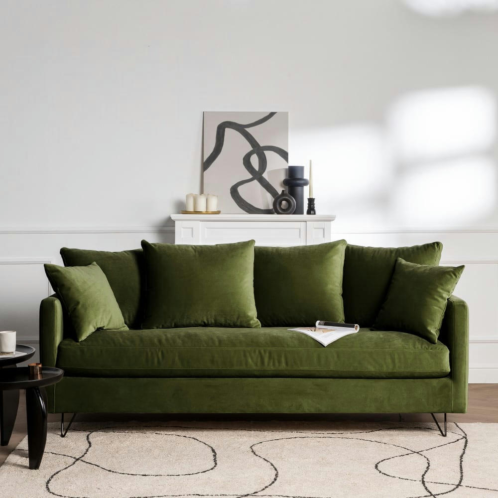 VILLABON - Canapé convertible 3 places en velours pieds épingles noirs vert olive