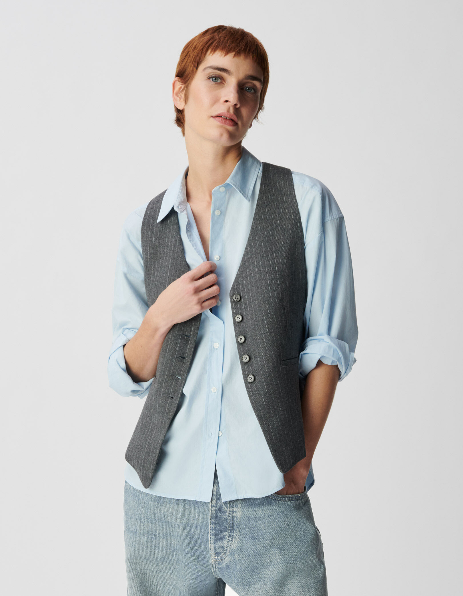 Gilet de costume sans manches gris rayures tennis Femme