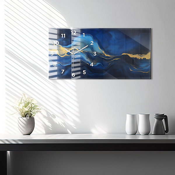 Horloge murale Wallfluent 60x30 cm Avec chiffres Aiguilles blanches Marbre bleu 1 pcs