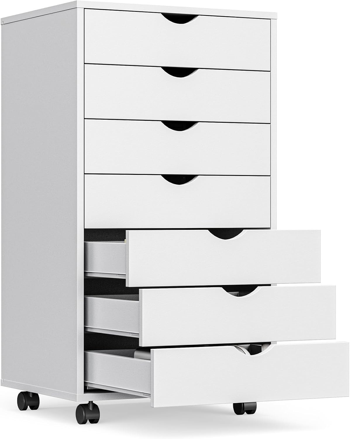 OLIXIS 7 Drawer File Cabinet, Mobile Filing Cabinet Under Desk Storage Organization with Wheels, Vertical Filing Chest Rolling Wood Small Desk Printer Stand for Home Office, White