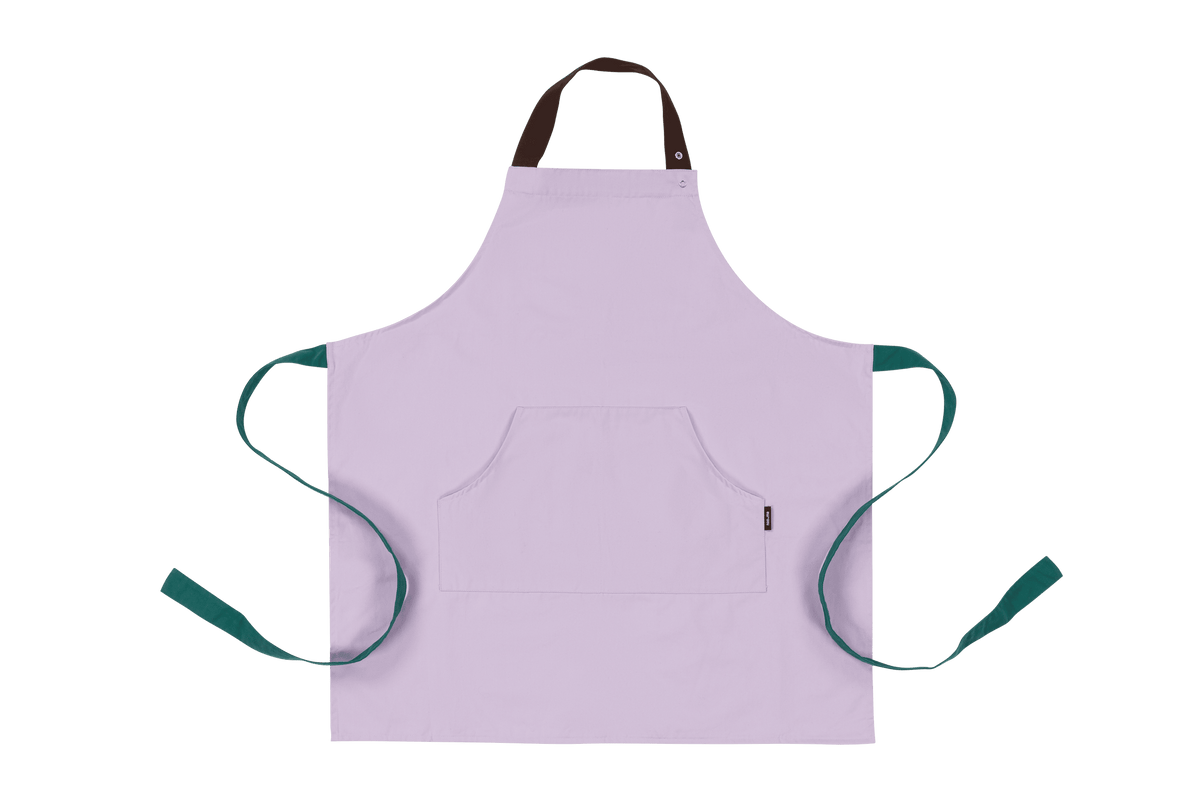 noo.ma Rubi schort 100% katoen - verstelbaar, kleurrijke kleurvlakken (Lavender, Green & Brown)