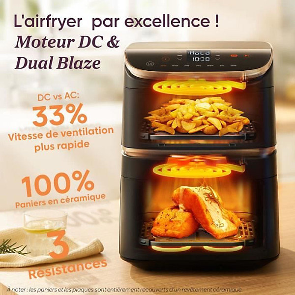 Friteuse Electriquesans huile COSORI - Turbo Tower Pro Smart - Capacité 10,8L - 2 cuves - 7 programmes - 2630W - Noir