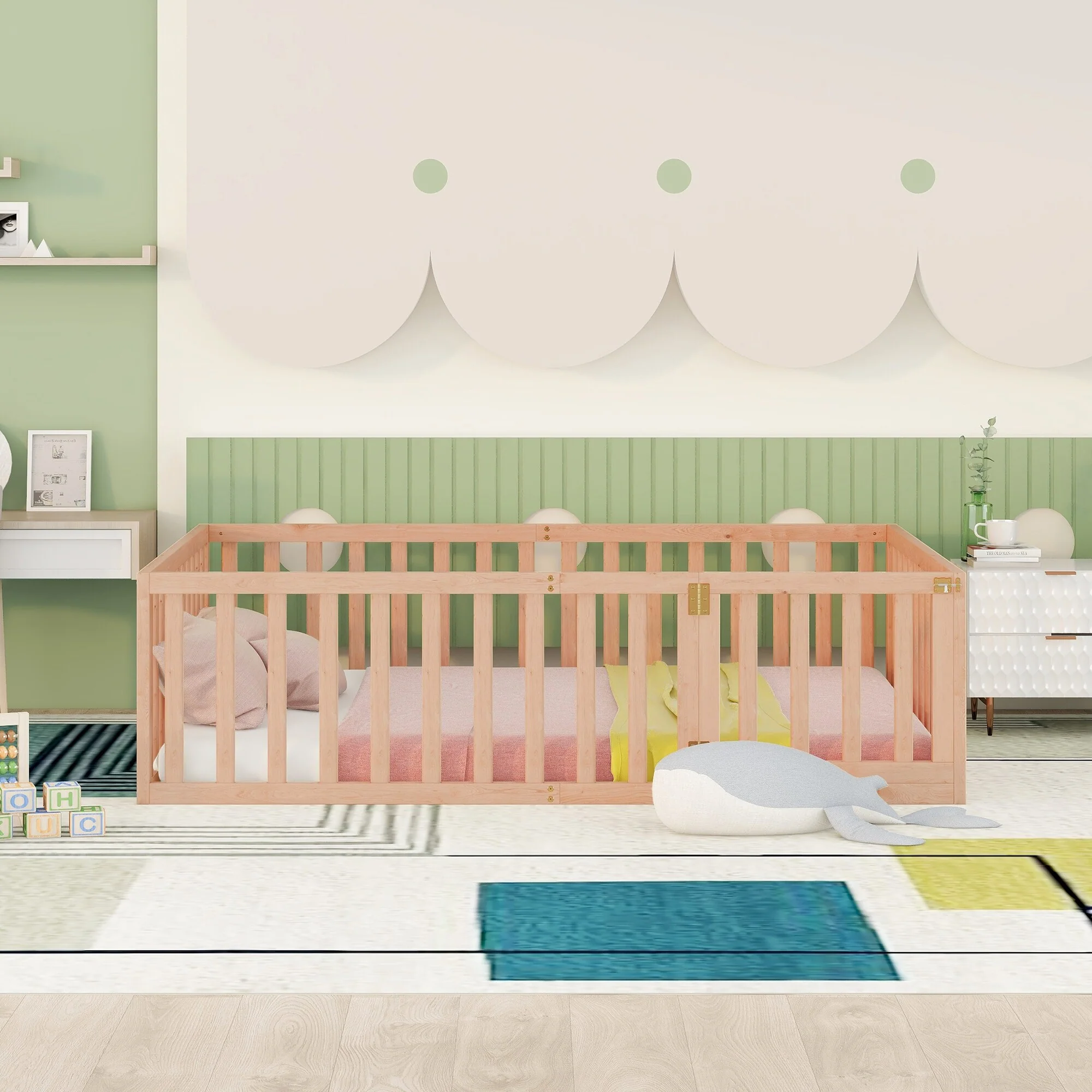Safe Play Area, Full Size Wooden Floor Bed Frame with Fence and Door, Open Design Low Bed for Kids, Without Slats