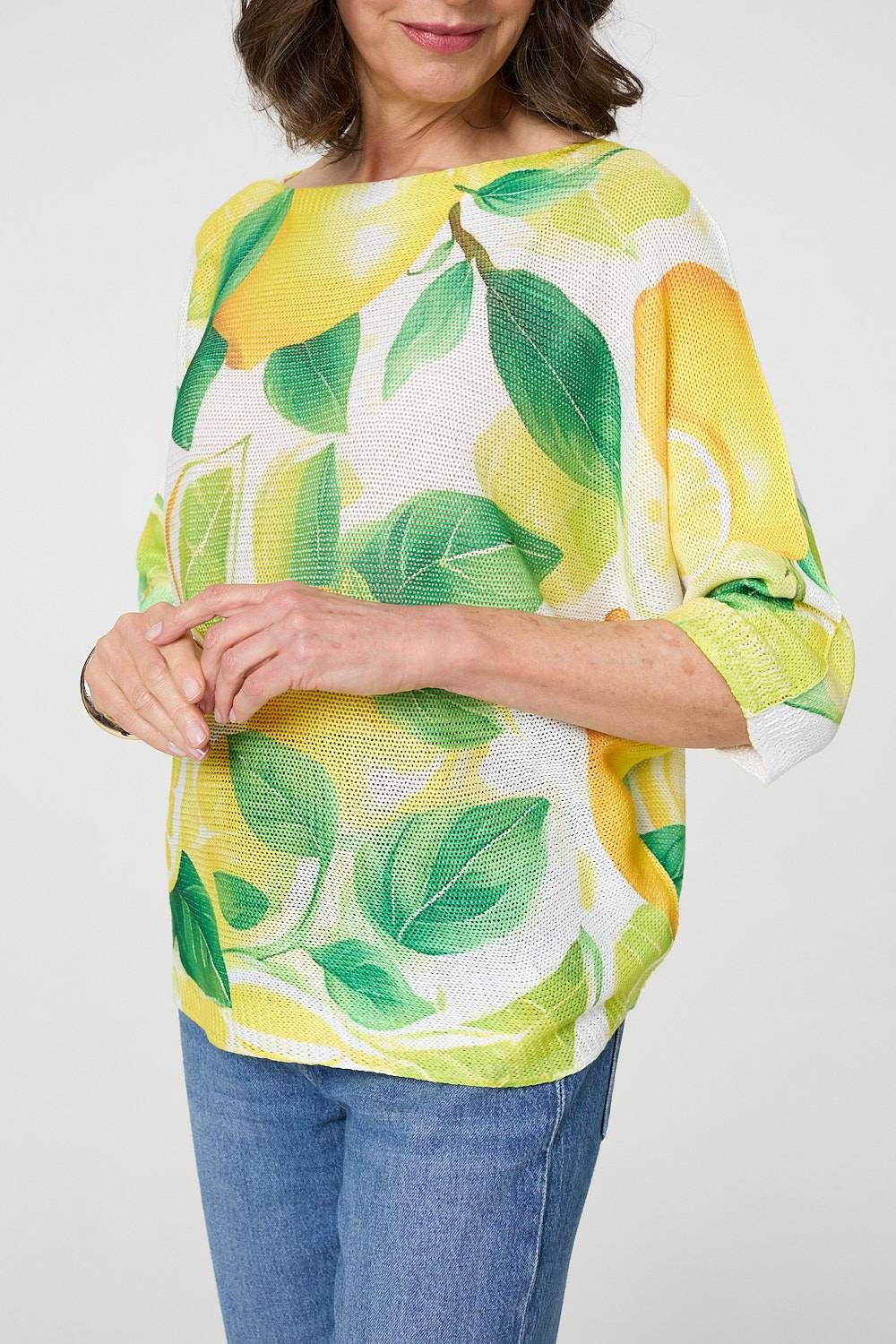 Izabel London Leaf Print 3/4 Sleeve Knit Texture Top