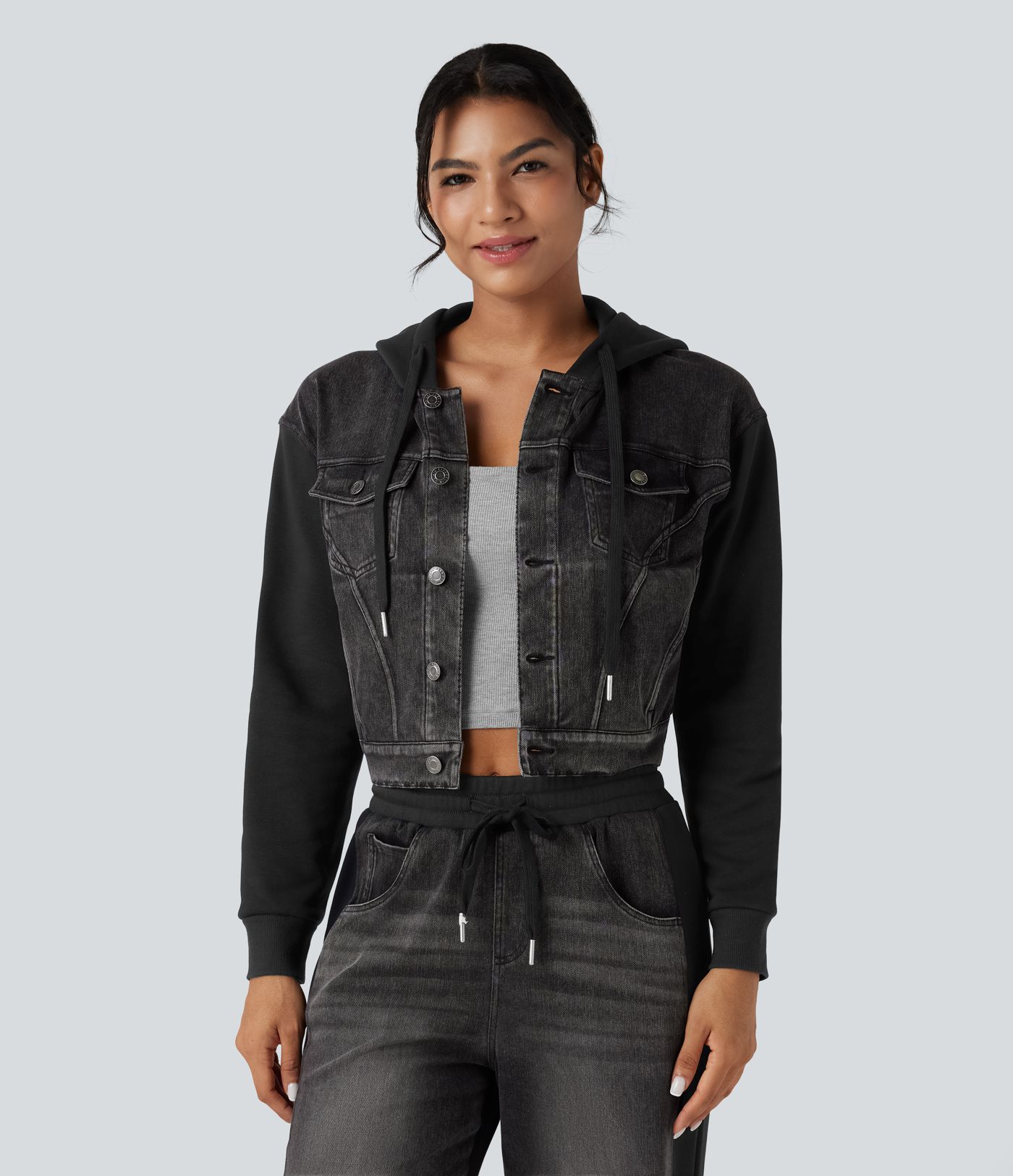 Veste en jean patchwork à capuche avec cordon de serrage et manches longues Halara Flex™