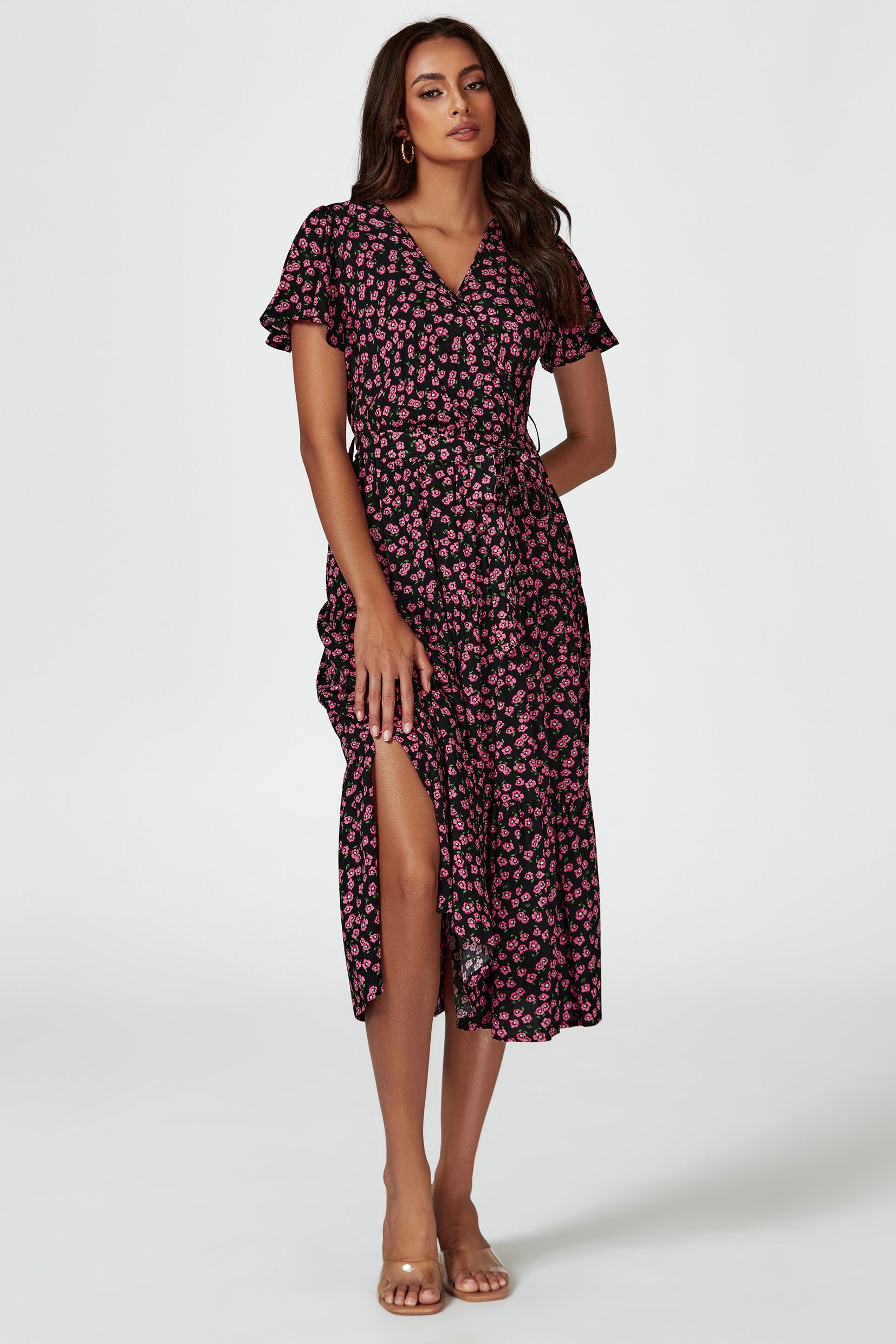 FS Collection Pink Floral Print Wrap Midi Dress In Black