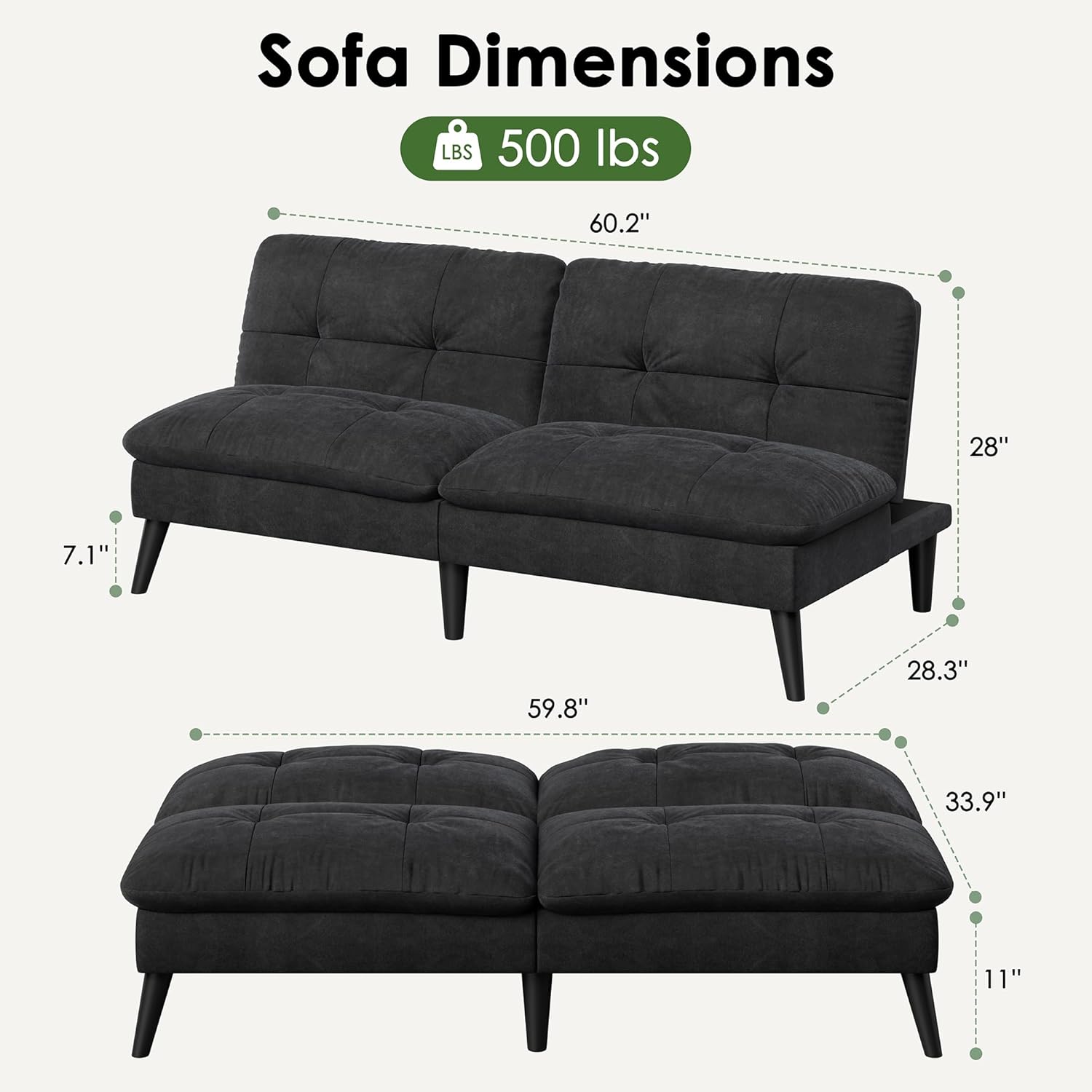 Vongrasig Futon Sofa Bed Velvet Futon Couch with Adjustable Backrest, Small Convertible Folding Sleeper Sofa Bed, Modern Loveseat for Living Room, Bedroom and Small Space, Black