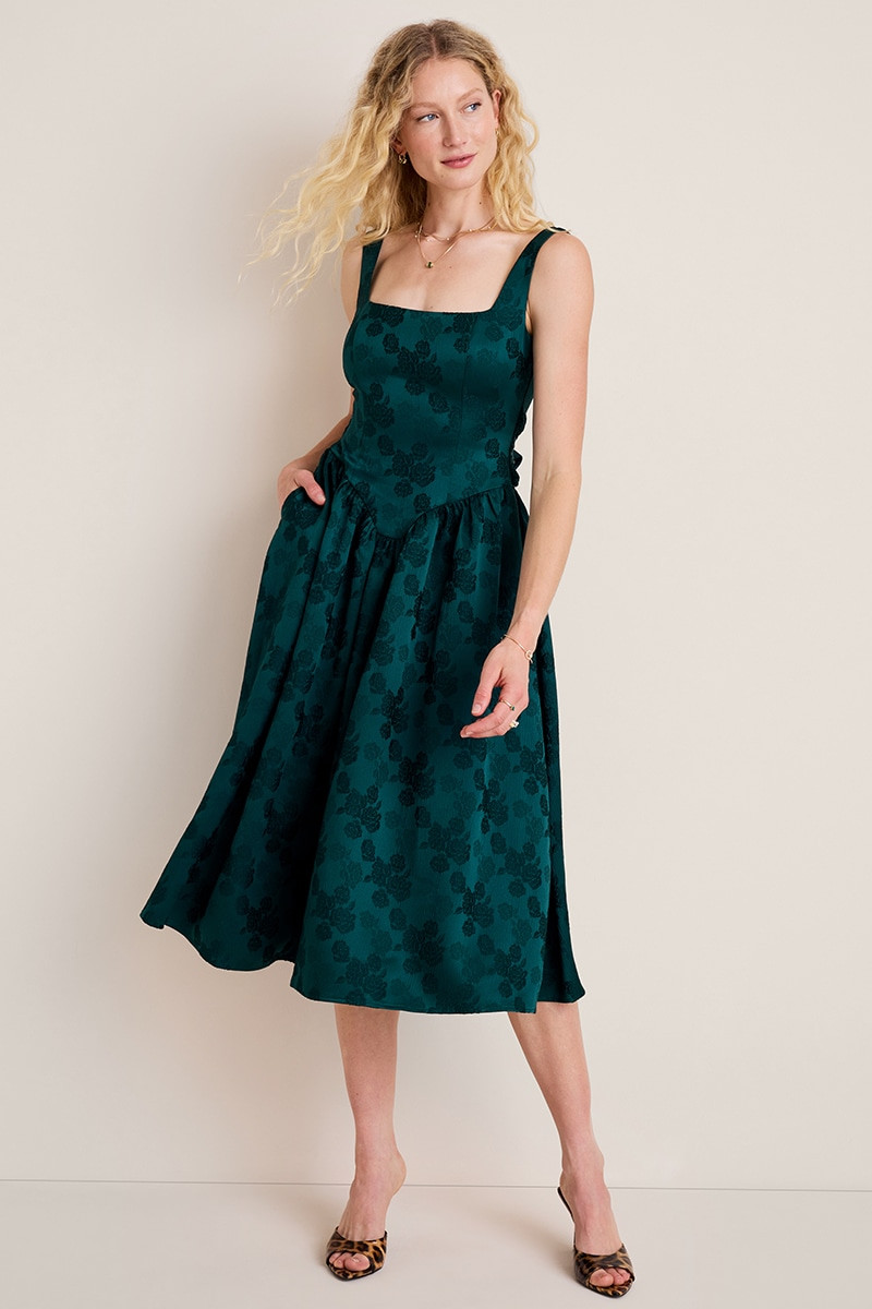 Maren Basque Waist Jacquard Midi Dress