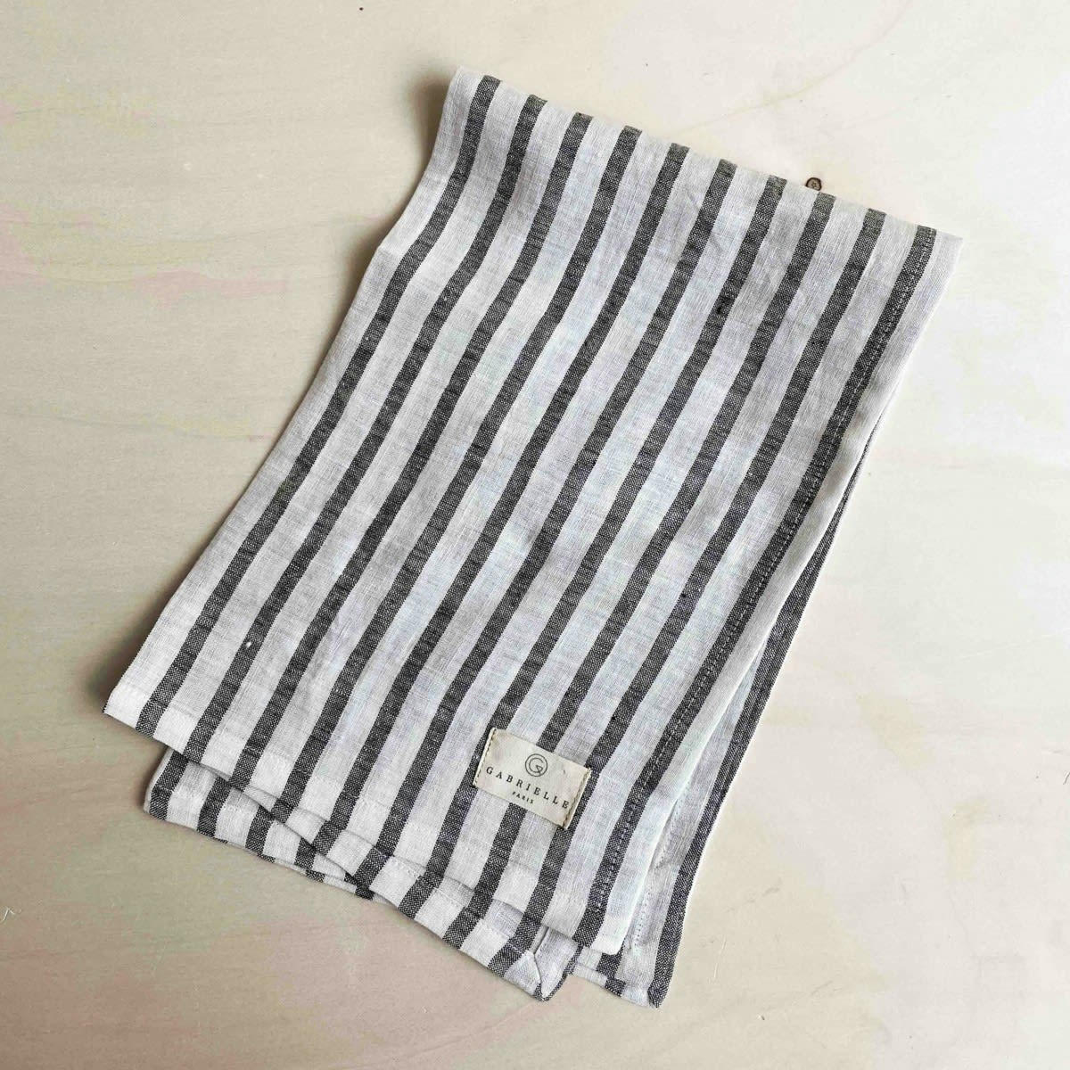 LES ESSENTIELS - Torchon en lin lavé larges rayures noir/crème 45x70