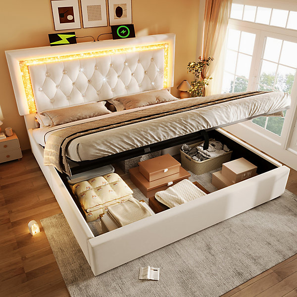 Lit double en velours avec LED,station de charge USB &Type-C,lit coffre hydraulique,cadre de lit 160x200 cm,beige