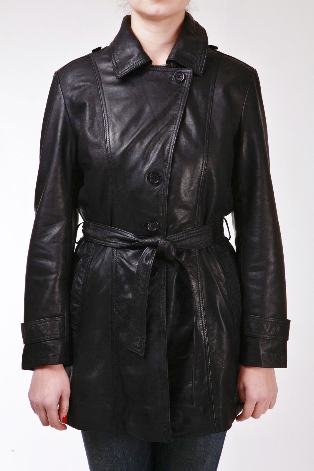 Infinity Leather 3/4 Length Tie Belt Trench Coat-Oldbury