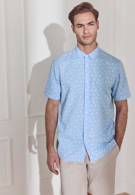 Mens Blue Textured Leaf Cotton Shirt