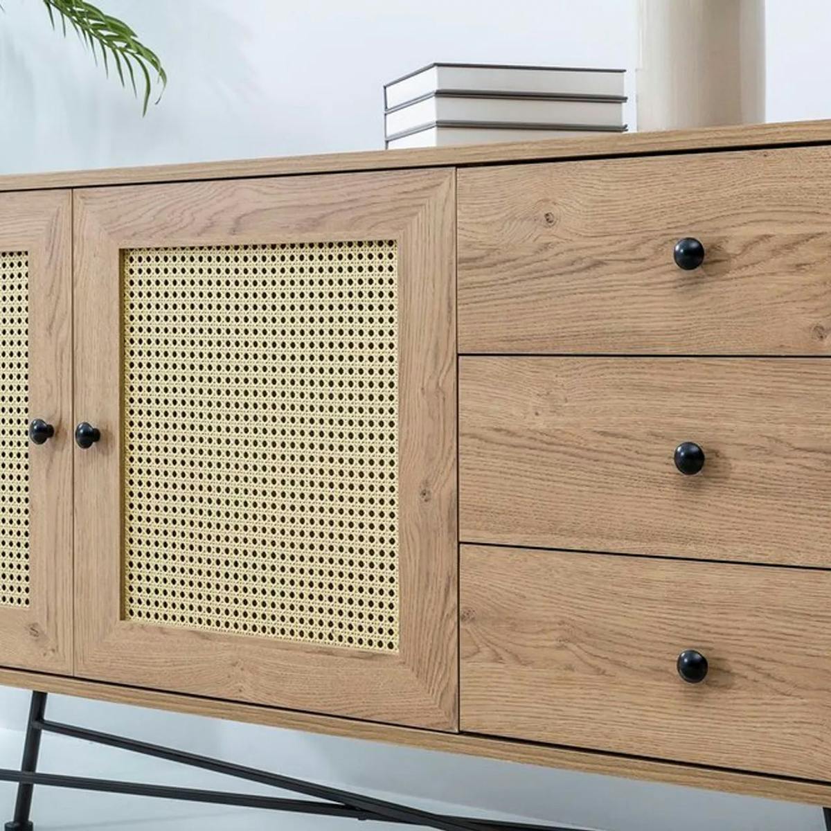 Buffet bohème effet bois, 2 portes en cannage VAREN