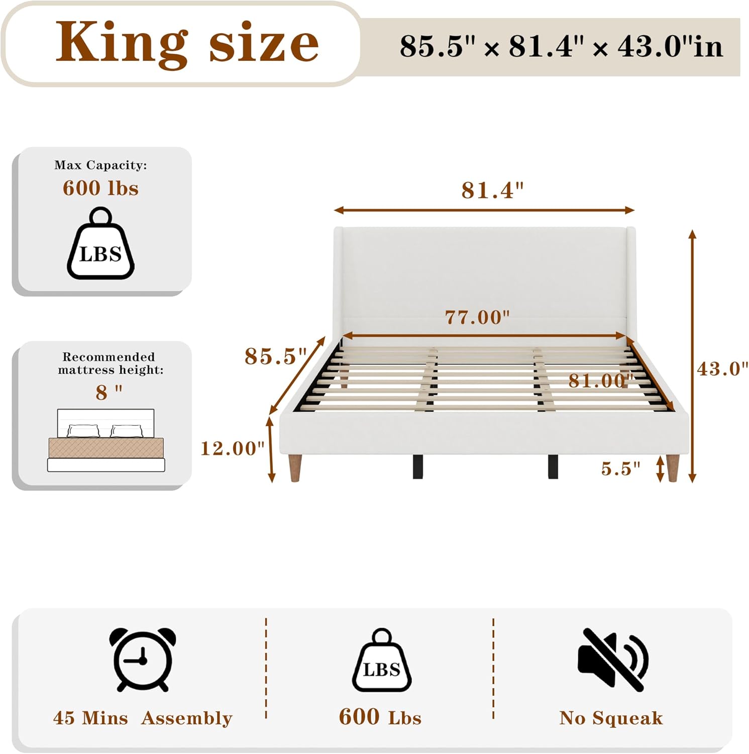 Upholstered Bed Frame King Size, 43 Tall Headboard Wingback Upholstered Platform Beds Bedframe for Kids Teens Adults Bedroom Strong Wood Slats Support No Box Spring Needed, Ivory Boucle
