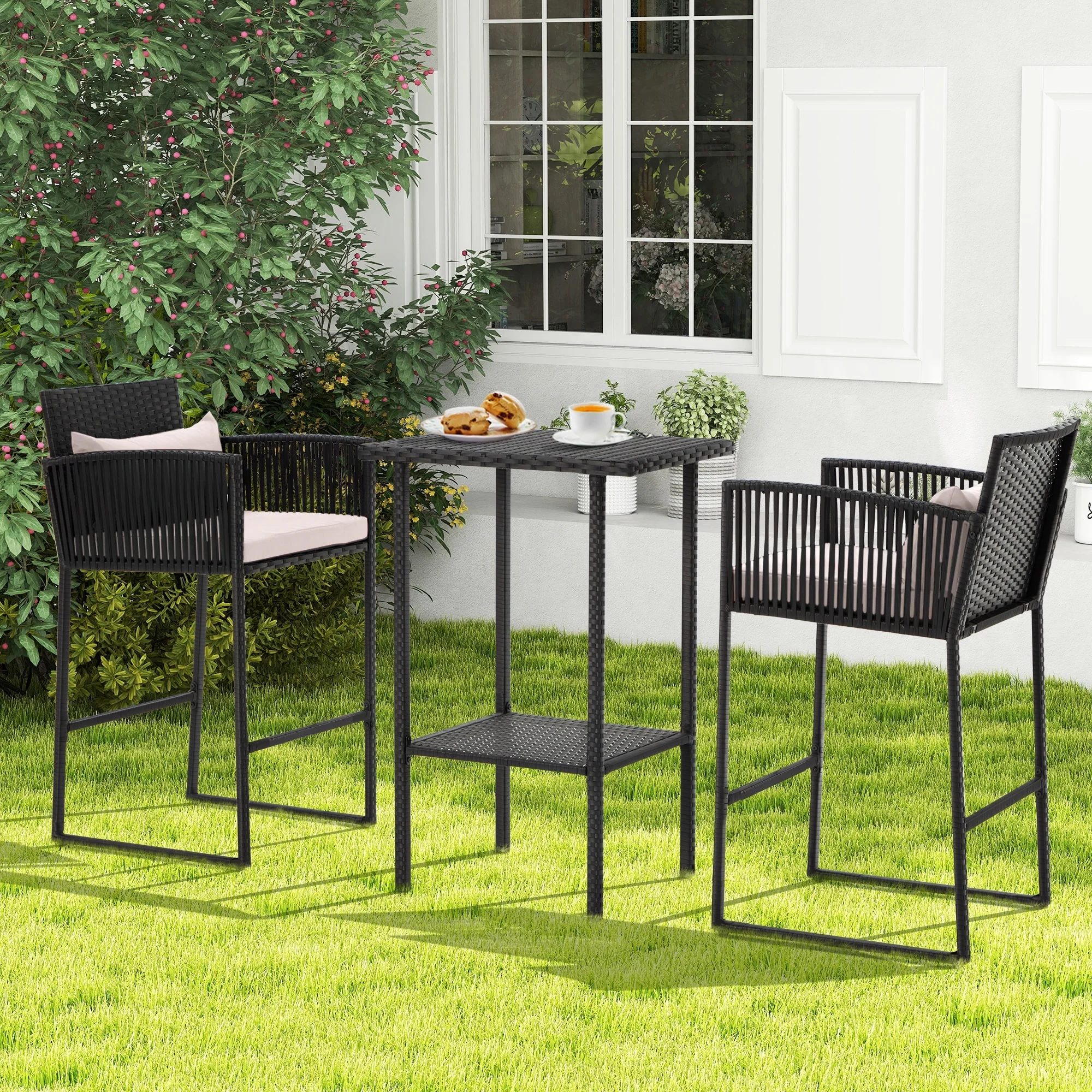 AVAWING 3PCS Patio Wicker Bar Set with Extra Cushion Cover