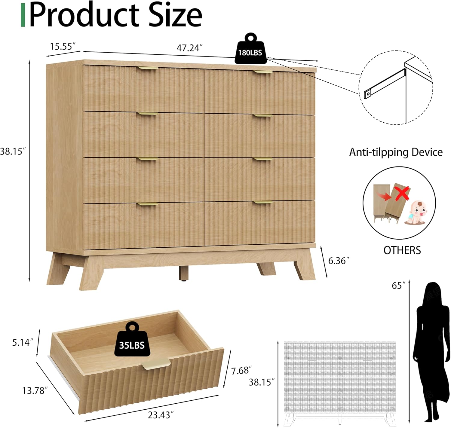 Fluted Dresser for Bedroom with 8 Drawers, 48 Wide Modern Chest of Drawers with Metal Handle, Wooden Dresser TV Stand, Wood Closet Clothes Storage Organizer for Living Room, Hallway, Natural Oak