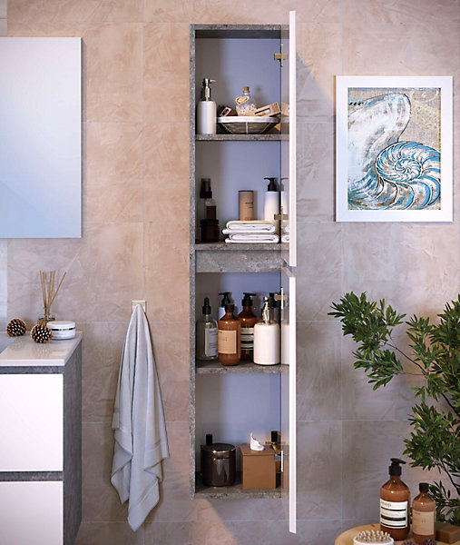 Colonne de salle de bain NELI 2 portes 140x30x27 cm ciment et blanc T-BATH