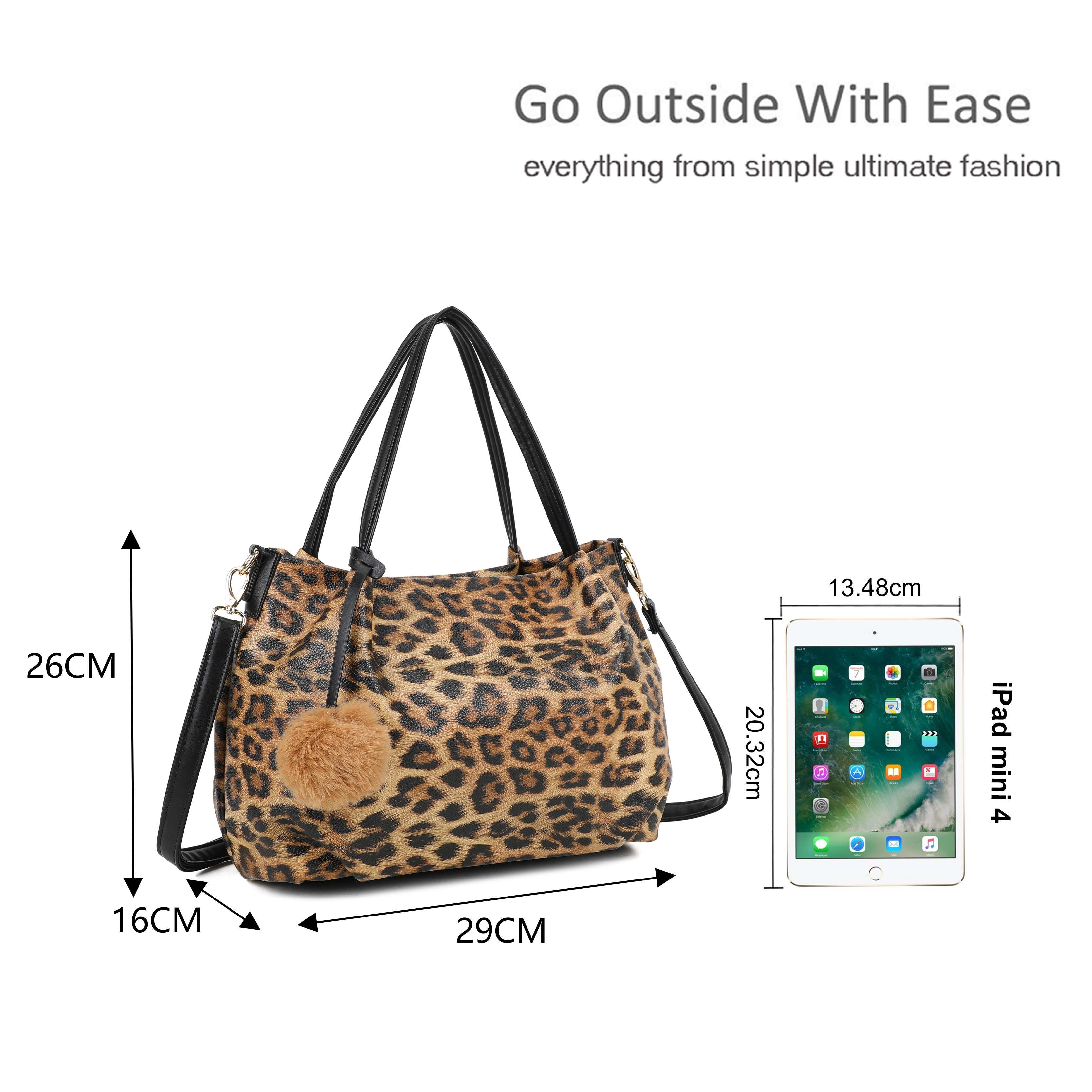 Kitise Slouchy Leopard Print Pom Pom Charm Tote Shoulder Bag