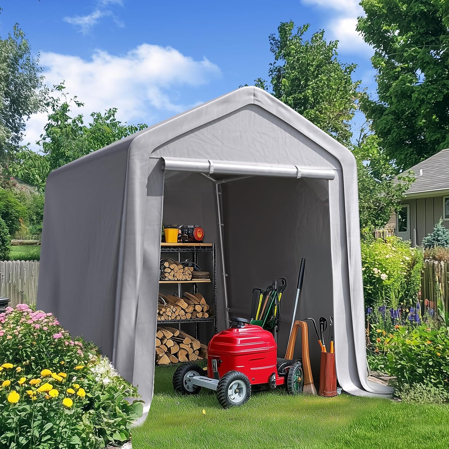 Quictent 6x8FT Garden Tool Shed Storage Shelter with Roll-Up Mesh Windows, Heavy Duty Portable Garage for Lawn Mower, Garden Tools Waterproof Storage Tent with Reinforced Frame, Sliver Gray