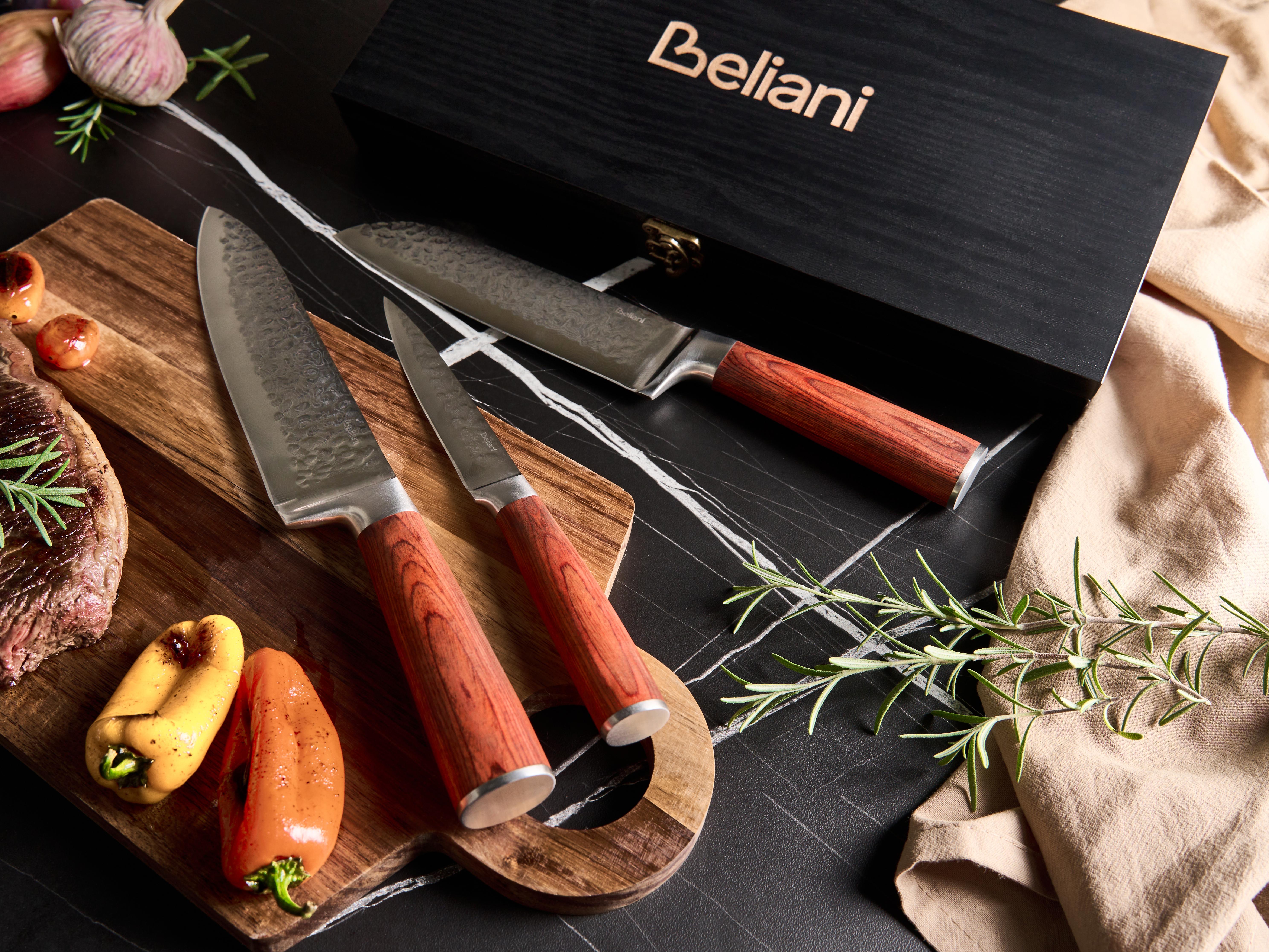 Set of 3 Knives Damascus Steel KASHIWA Brown
