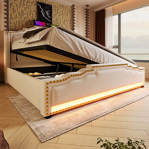 Lit coffre 140x200, Lit double avec espace de rangement hydraulique, lit de rangement et lit pour adolescent, Beige, sans matelas