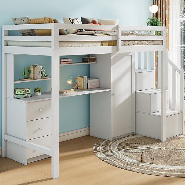 Lit superposé 90x200 cm avec bureau intégré, armoire et tiroirs en bois massif blanc