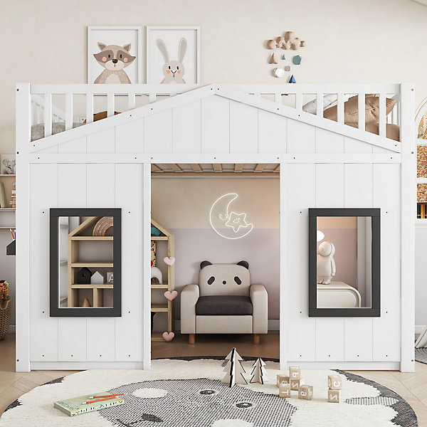 Lit Mezzanine 90x200 cm - Lit Mezzanine enfant avec échelle, Protection Anti-Chute et Fenêtres, Design Bois, Blanc - Sans Matelas