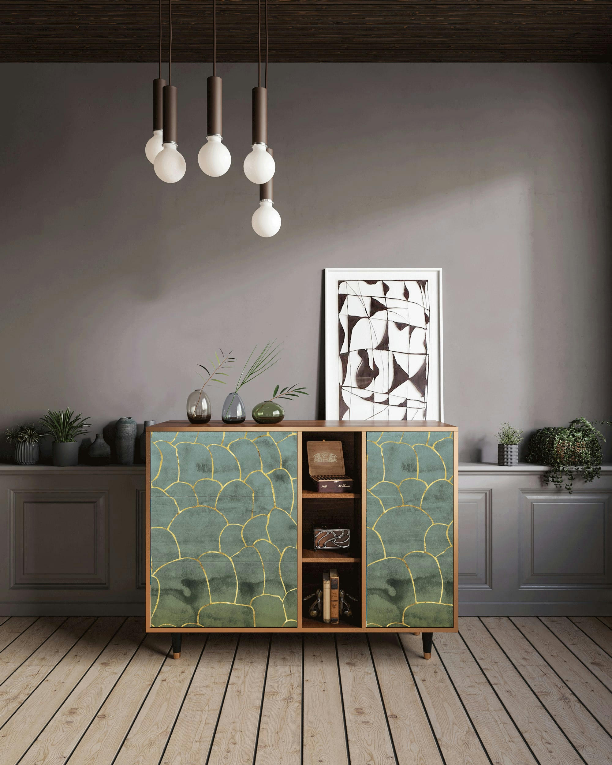 MAGNIFICENT WATER LILY - Buffet  bleu-vert 3 tiroirs et 1 porte L 125 cm