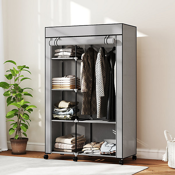 Armoire penderie mobile tissu - 5 étagères, penderie - dim. 103x43x162,5 cm - noir gris