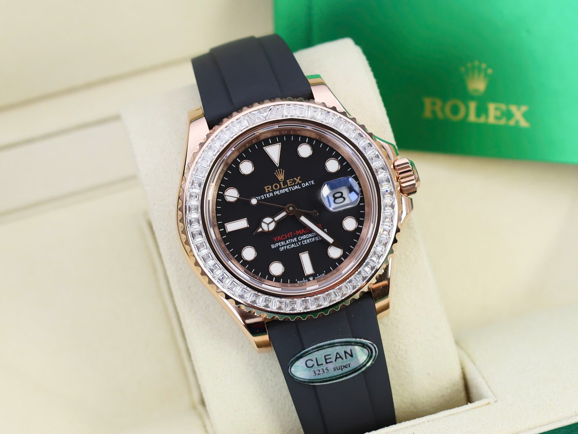 Rolex Yacht-Master RG Plated Black Dial Baguette Diamond 40mm Oysterflex Super Clone