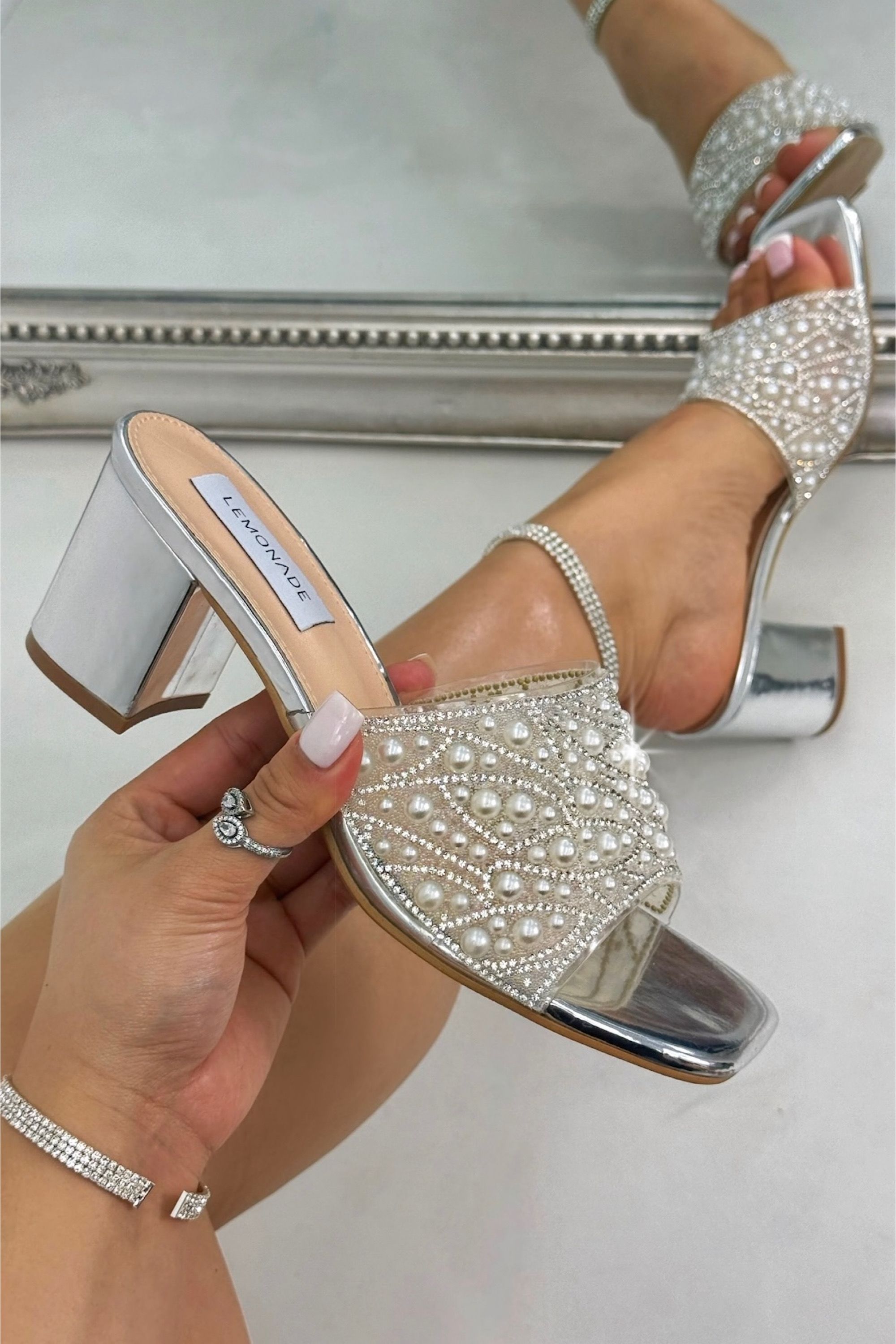 Love Lemonade Crystal Pearl Luxe Block Mule Heels