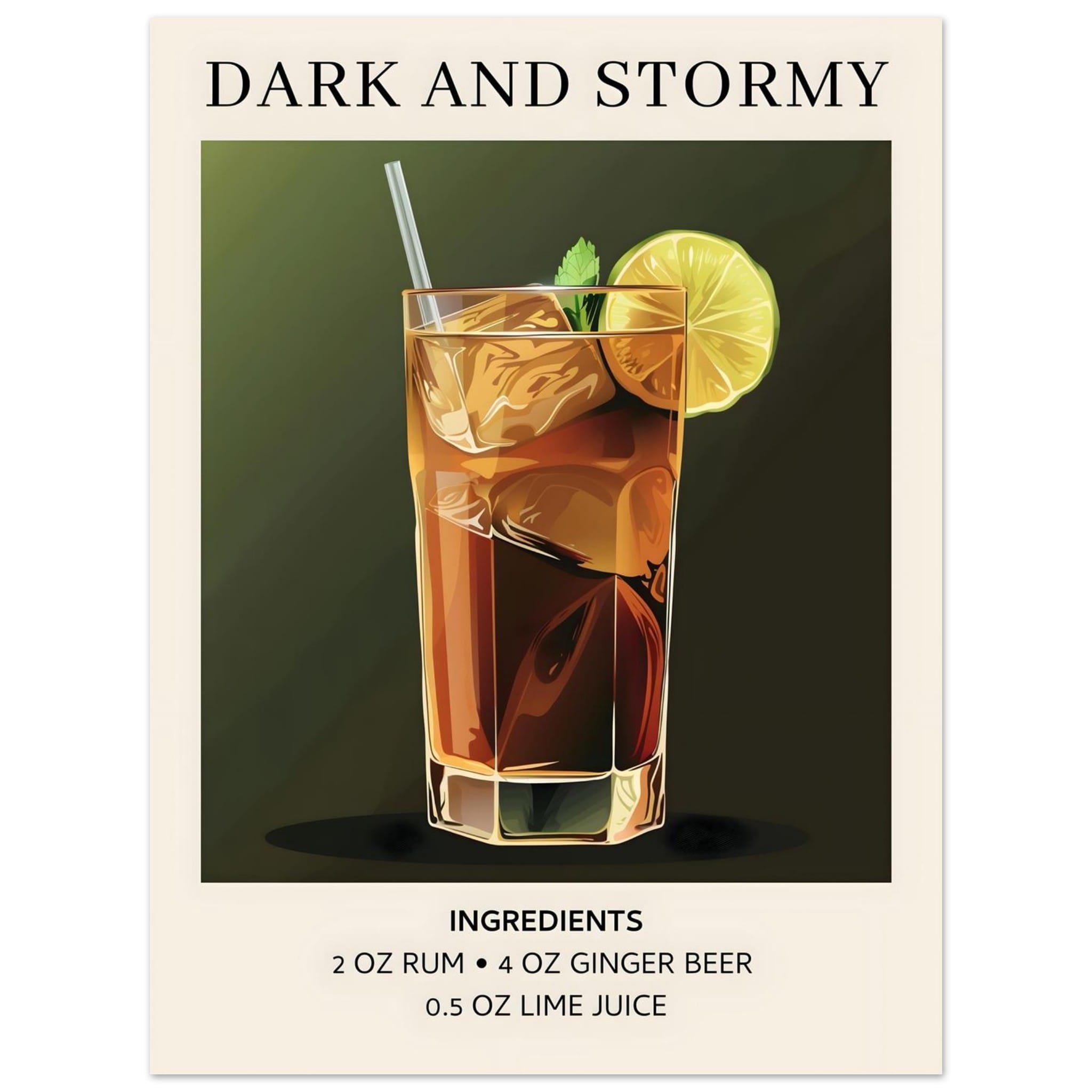 Artfulprints Poster Dark and Stormy cocktail - Ingrediënten  - 30x40 cm - Donkergroen