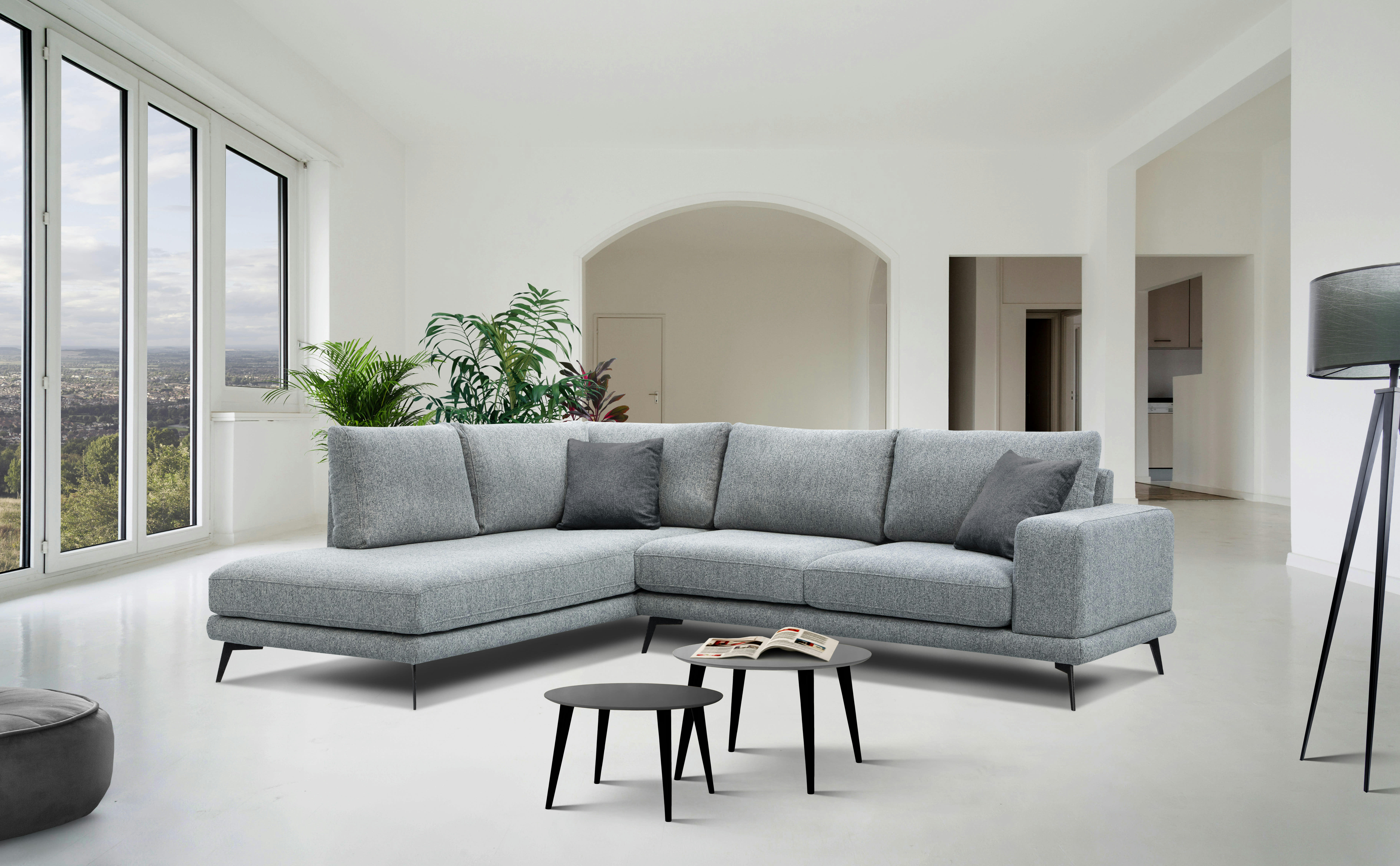 MEDIOLANE - Canapé d'angle gauche 5 places tissu gris clair