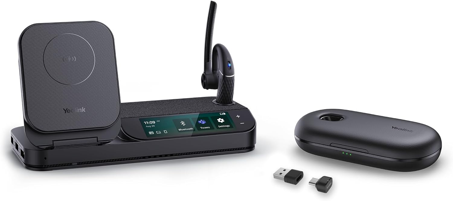 Yealink Bluetooth Headset Workstation  Office Wireless Headset with Mic  Speakerphone  Wireless Charging Pad  Charging Case  USB-C/A Dongle Connect to Desk Phone  PC  Work with Teams Zoom