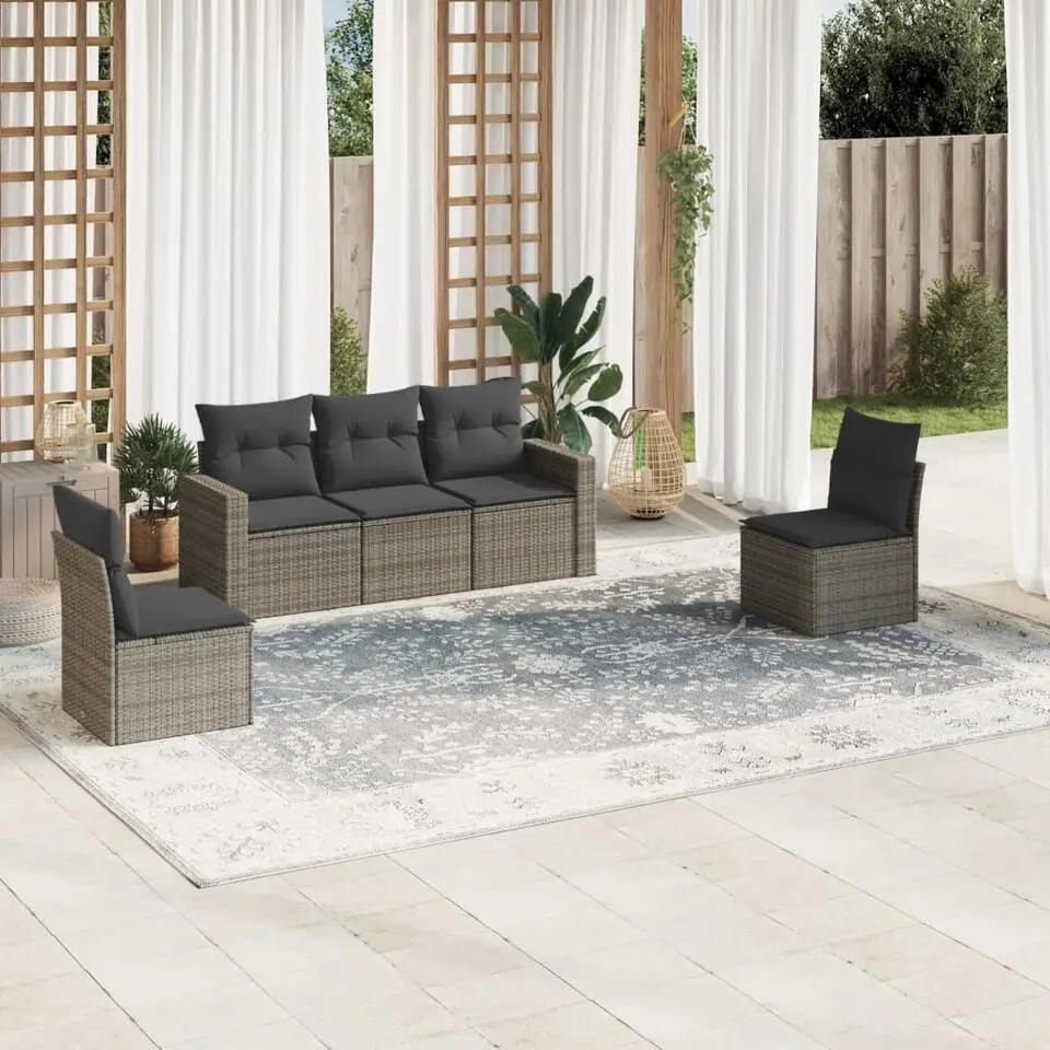 vidaXL Loungeset met kussens voor 5 personen - Grijs - Poly Rattan
