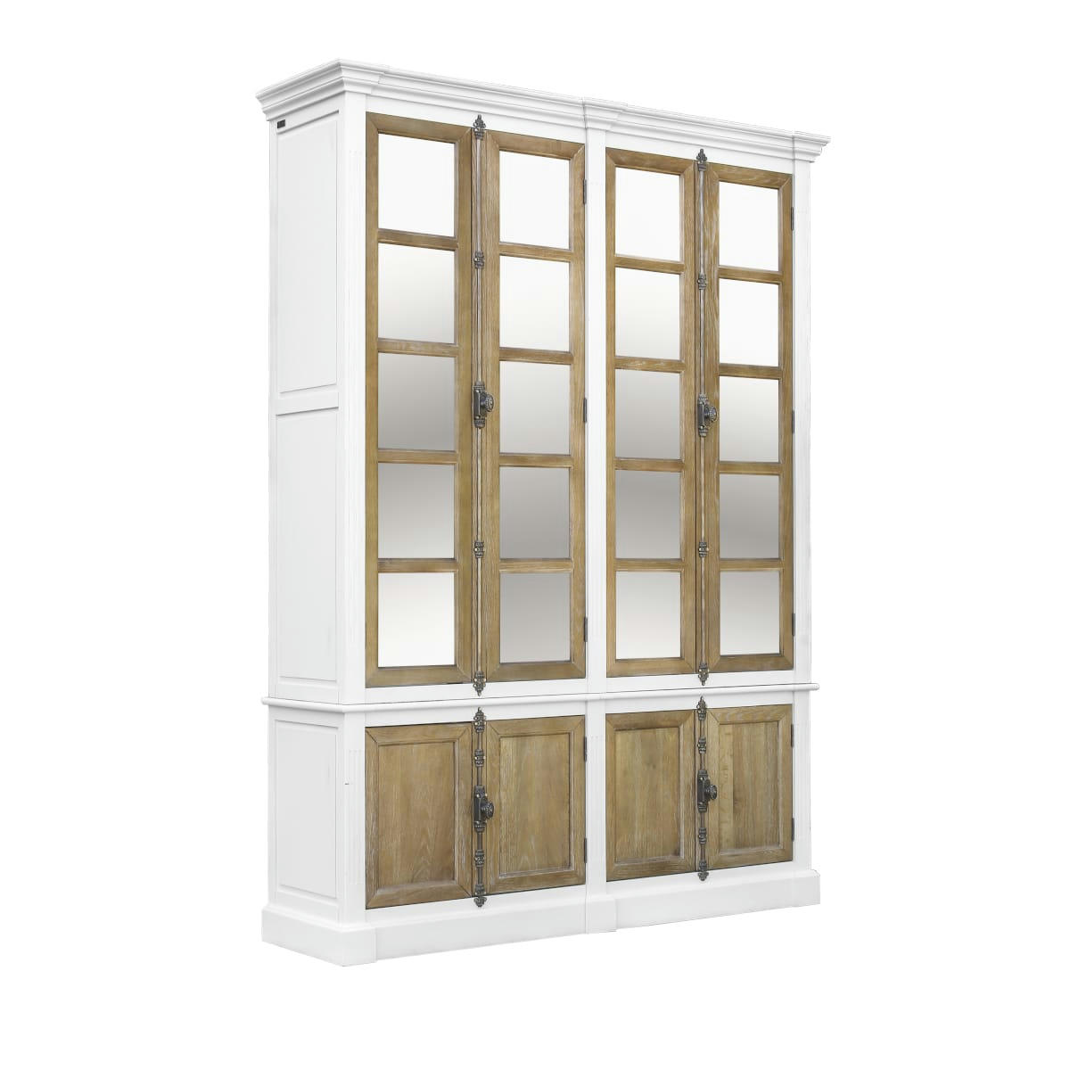 ARAGON - Double vitrine en chêne 4 portes à crémone patinée blanc