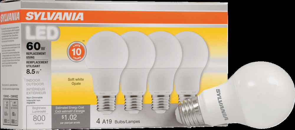 Sylvania A19 E26 Base Non-Dimmable LED Light Bulbs, 800 Lumens, Soft White, 60W, 4-pk