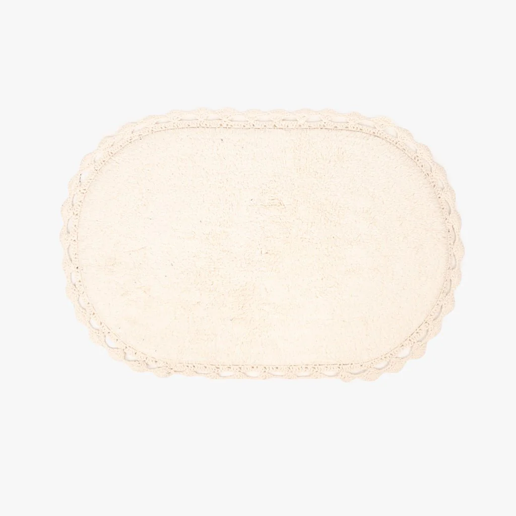Tapete de Casa de Banho Algodão Oval com Renda Bege TWIG