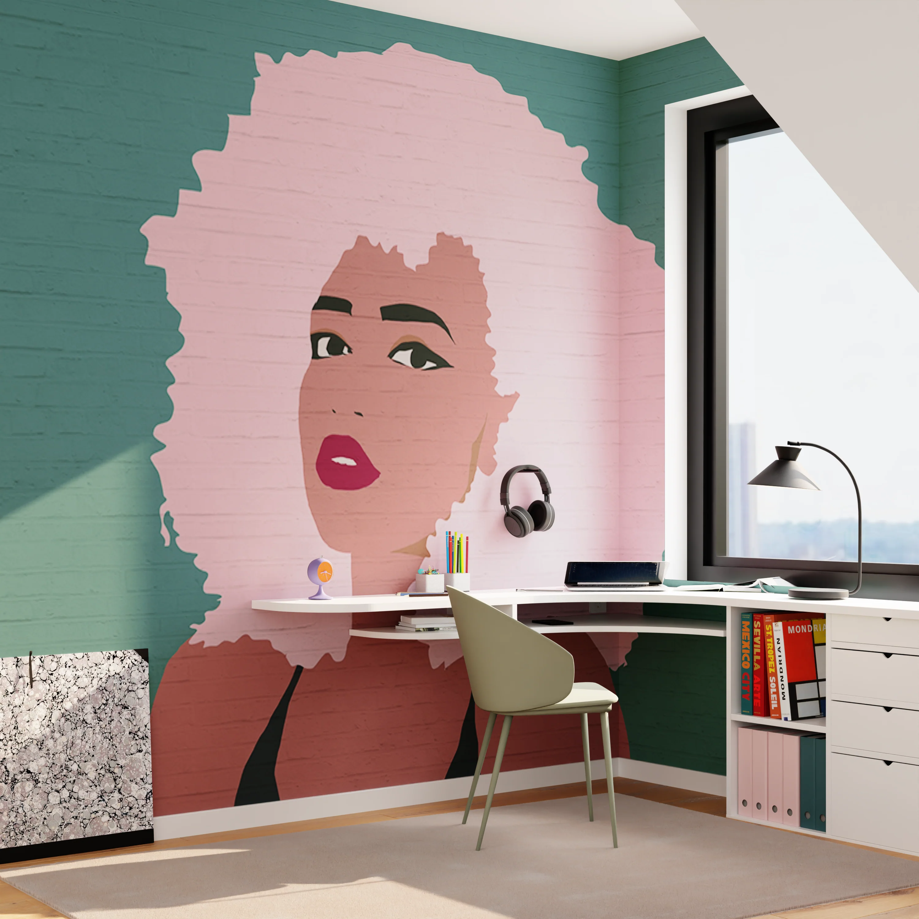 Papier peint panoramique XL BILLIE 400 x 270 cm vert bleuté et rose