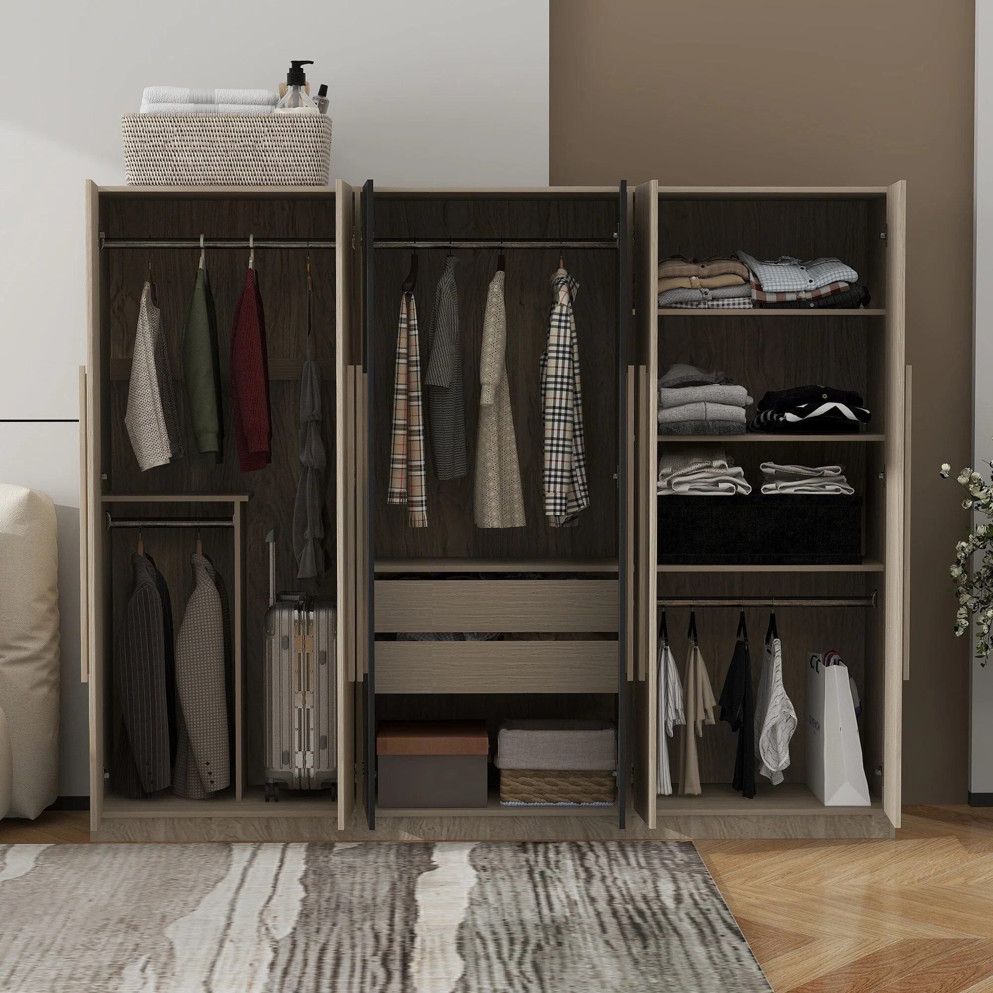 Large 6-Door Wardrobe Armoire, Wooden Two-Tone Armoire with 2 Drawers, Clothes Rail Freestanding Bedroom Armoire Closet
