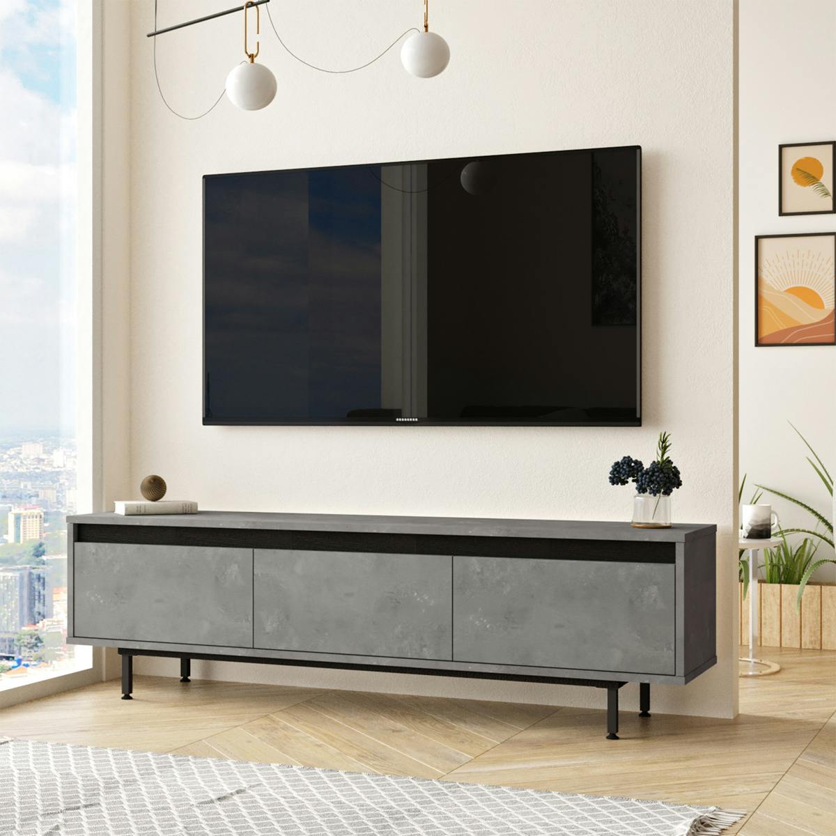 Meuble TV moderne décor béton 3 portes pieds métal noir JENA