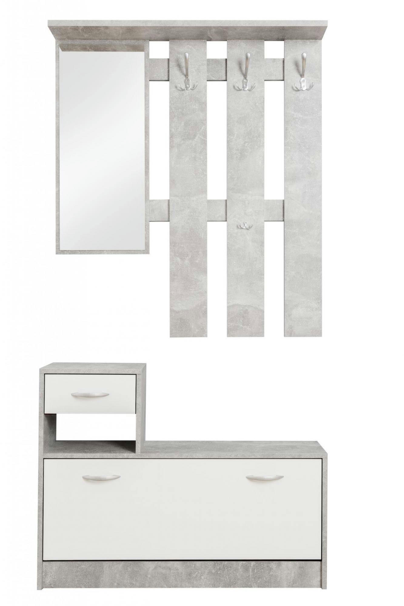 CLINT - Meuble d'entrée avec miroir effet bois blanc et béton