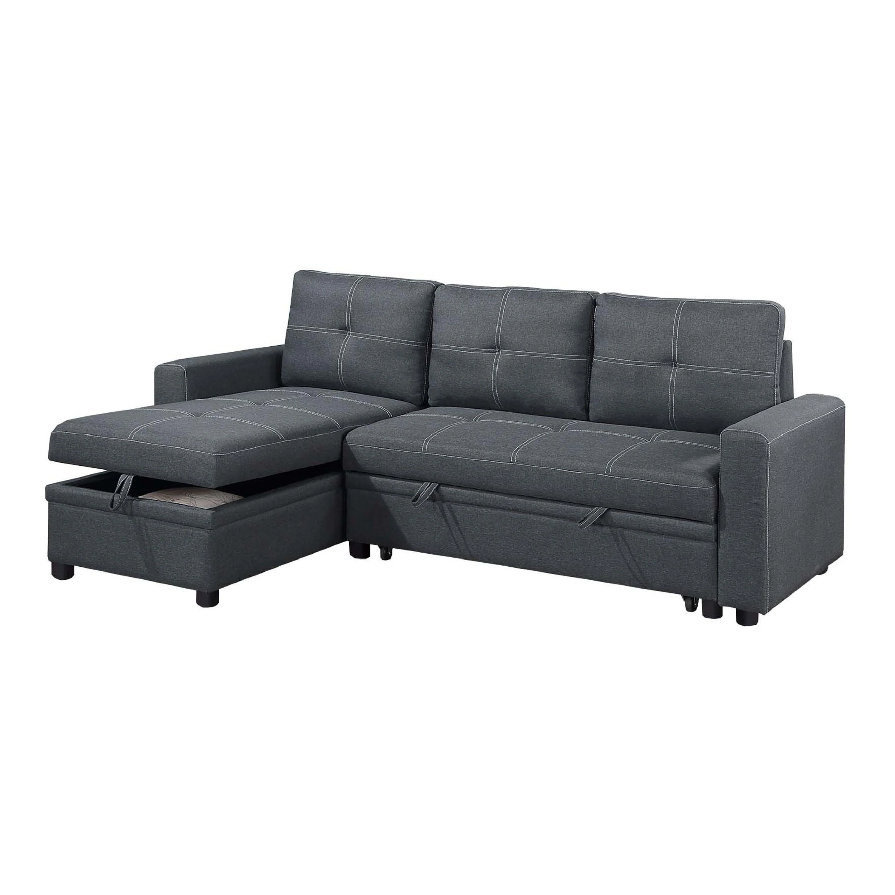 Gero Sectional Sofa Pull Out Bed, Reversible Storage Chaise, Dark Gray