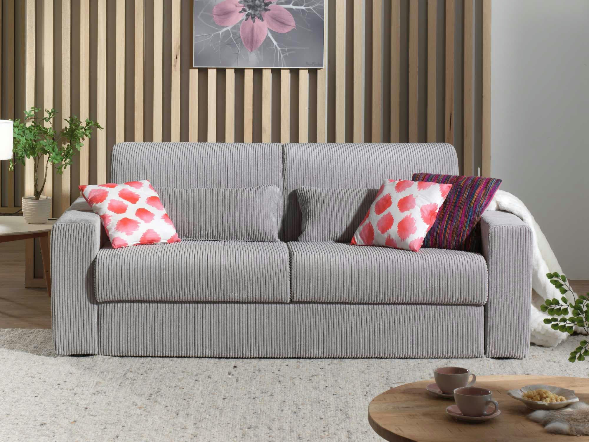 SACHA - Canapé droit convertible 3 places en velours côtelé gris clair