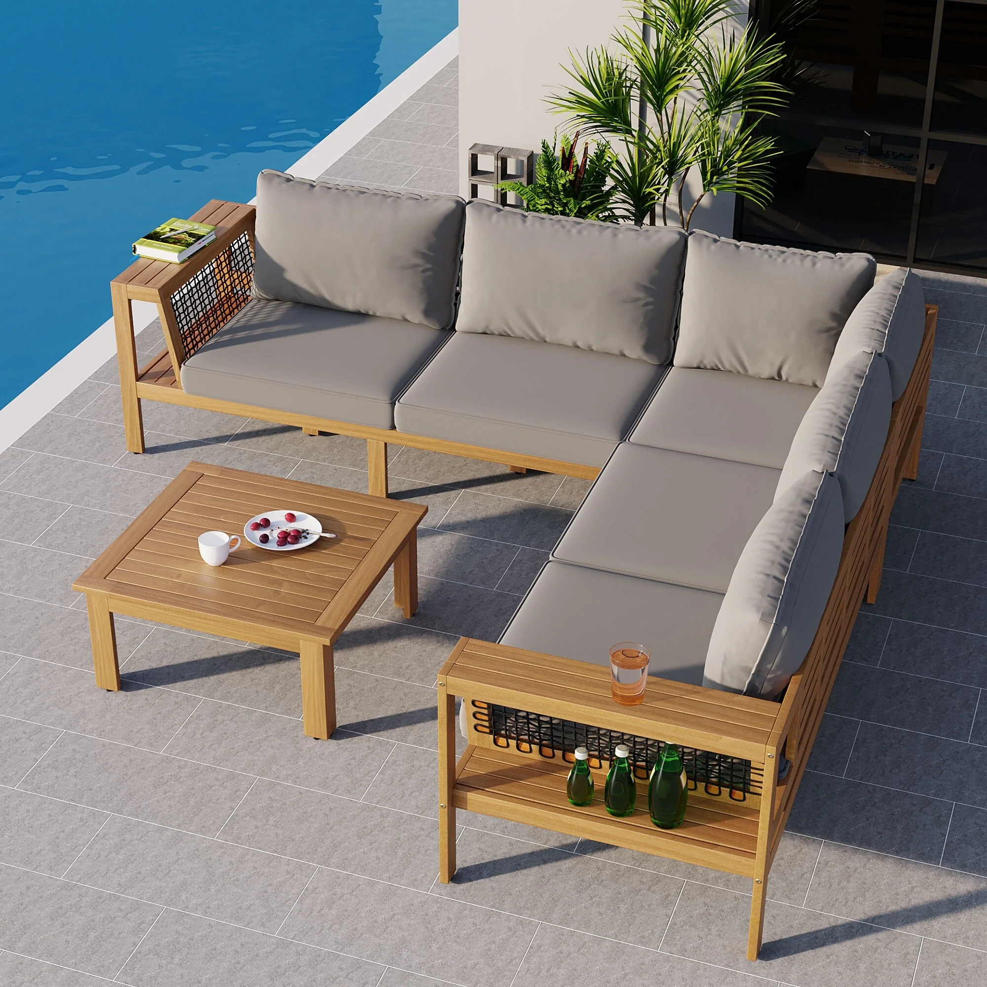 4 Pieces Outdoor Acacia Wood Sofa Set, Woven Mesh Armrests, L-Shaped Patio Furniture Sofa Set with Coffee Table, Outdoor