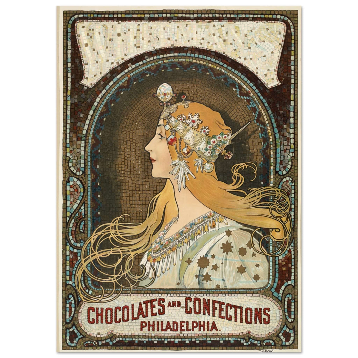 Artfulprints Poster Alphonse Mucha - Chocolates and confections Philadelphia  - A4 21x29.7 cm - Bruin