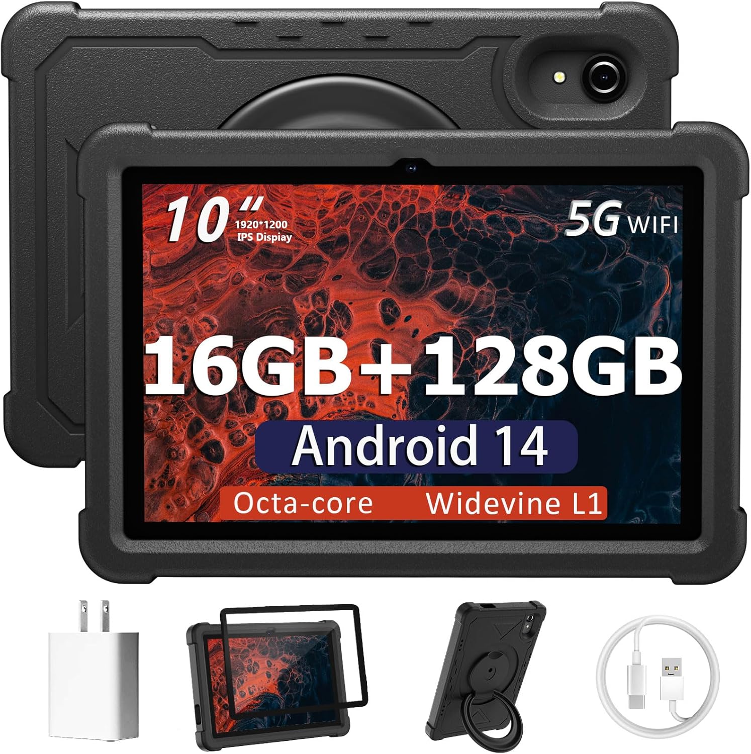 HUIHUANG Tablet 10 Inch Android 14 Tablet, 16GB RAM 128GB ROM, 1TB Expansion, Octa-core, Large Capacity Battery, 5MP + 8MP Dual Camera, 5G/2.4G WiFi, Bluetooth 5.0, GPS, Drop-Proof Case