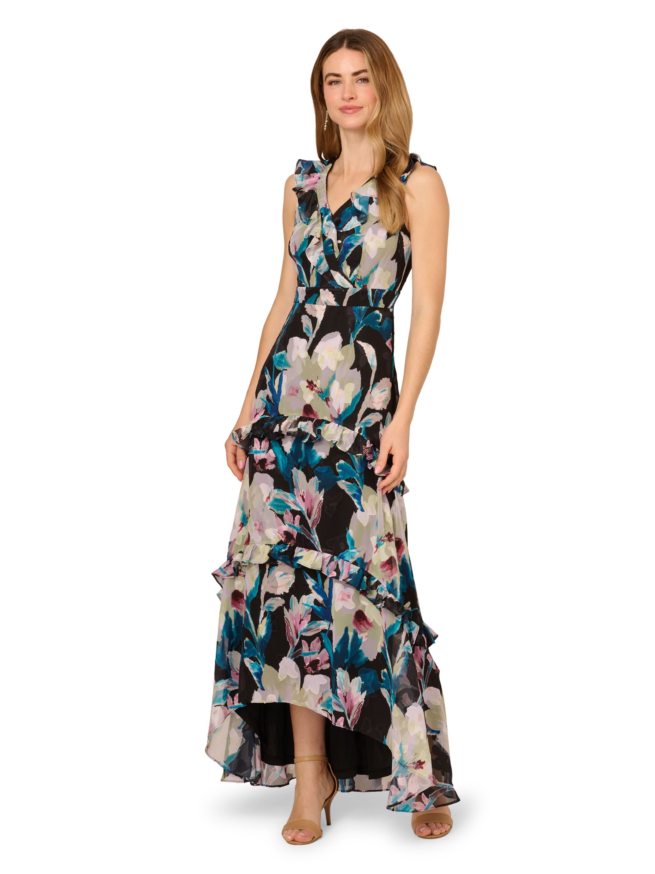 Adrianna Papell Floral Ruffle Chiffon Gown