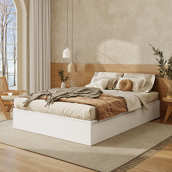 Lit double 140x200 cm en bois massif avec tiroirs et espace de rangement sous le lit blanc sans matelas